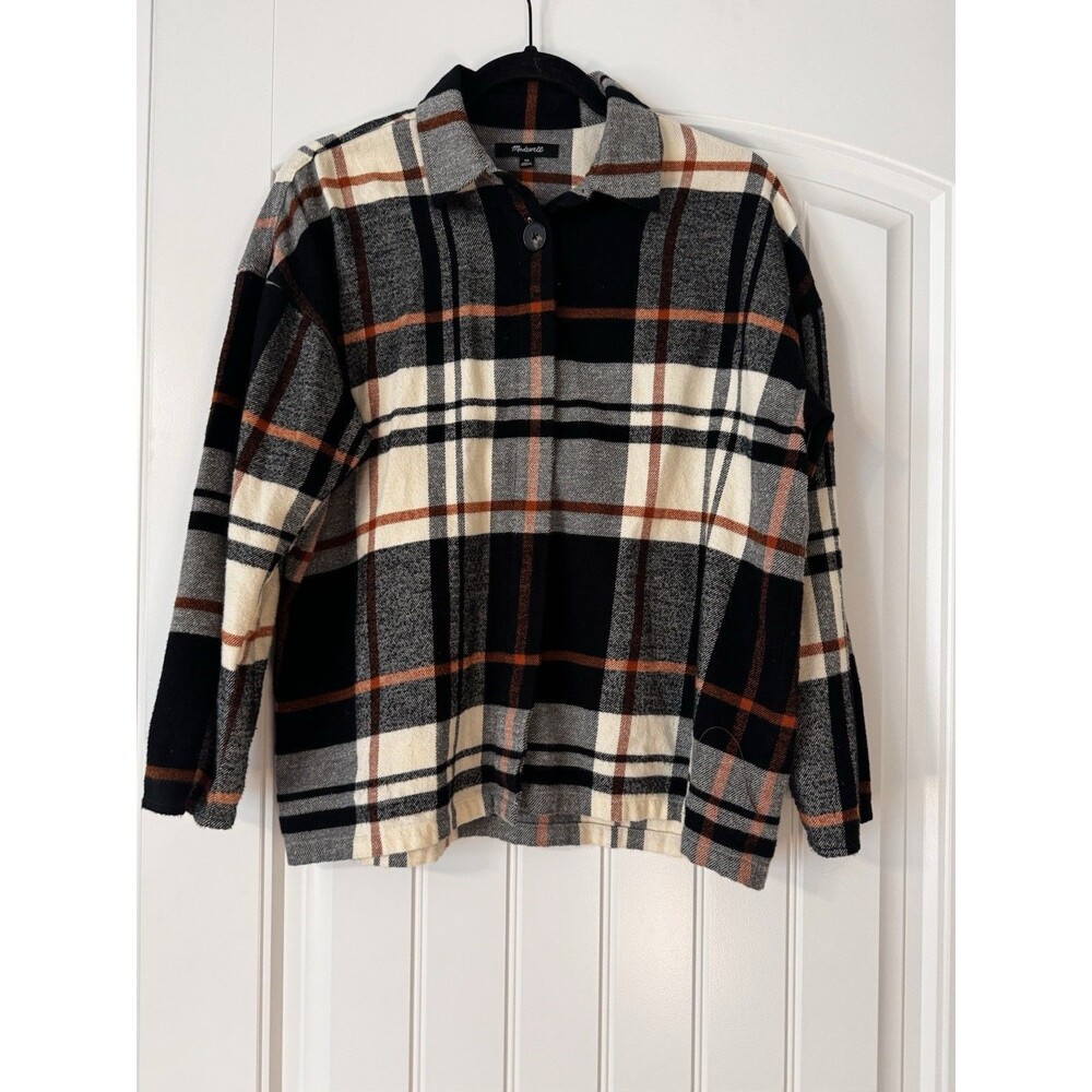 Madewell Womens XS Plaid Shirt Jacket Overshirt 100% Cotton Black Cream Rust
